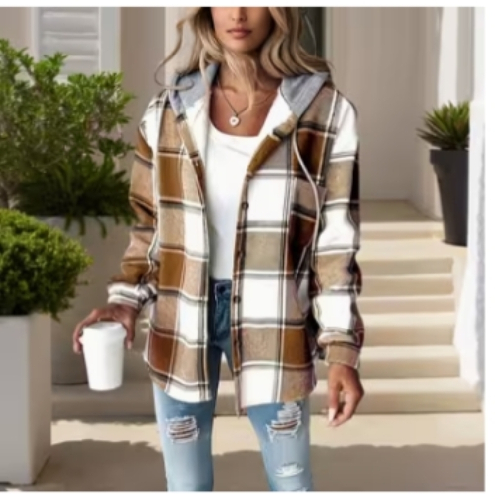 Plaid Hooded Jacket for Women Grey and Tan Size Medium